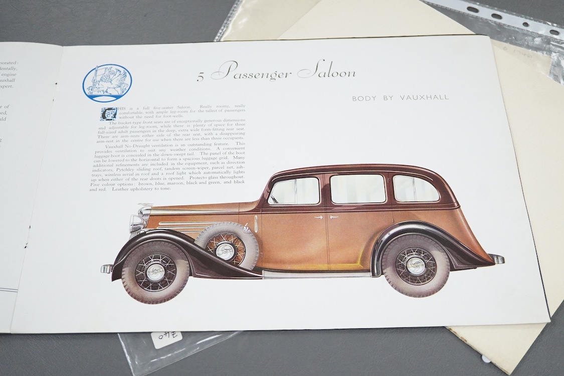 Three 1930s and 1940s motor car manufacturer’s brochures; the Vauxhall Big Six (produced 1934-40), the Wolseley Eight (produced 1946-48), including a separate price list dated June 1946, and the Wolseley Ten (produced 19